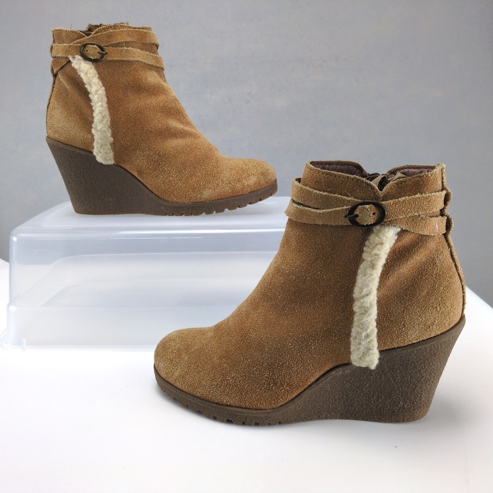 Bjorndal Tan Suede Leather 3" Wedge Ankle Boots Womens 6 Side Zip